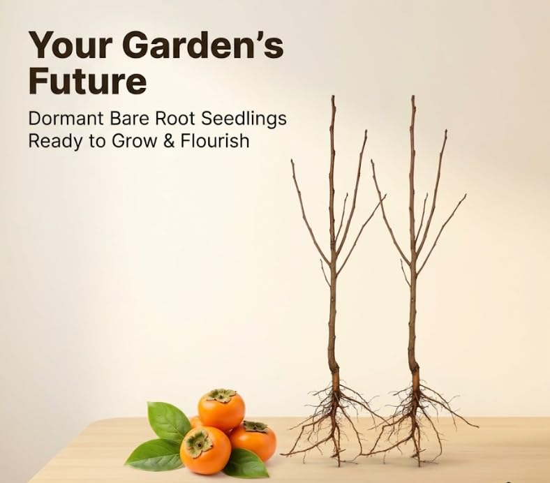 Set 2 Persimmon Tree Seedlings, Persimmon Fruit Bare Roots for Planting Outdoor, 6-12 Inches Tall