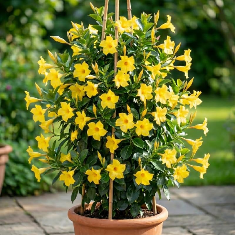 2 Yellow Mandevilla Live Plants Vine, Mandevilla Trees Seedlings, Winter Hardy, Spring Flowering Shrubs for Outdoor Planting, Starter Size 4-7" in Tall