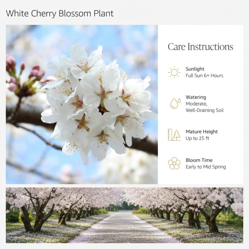 White Cherry Blossom Tree - 3 Gallon Pot, 2-3 Feet Tall Live White Pink Blossom Flowering Cherry Plant, Ornamental Tree Potted, No Ship to CA