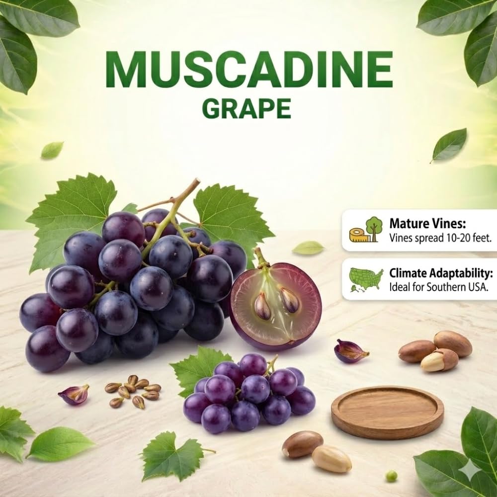 Muscadine Grapes Plant in 1 Gal Pot, Large Purple Muscadine Grape Vine, 20-24 Inc Tall, Hardy Fruit Grape Climbing Vine for Backyard Trellis, Fence, Well-Rooted, No Ship to CA