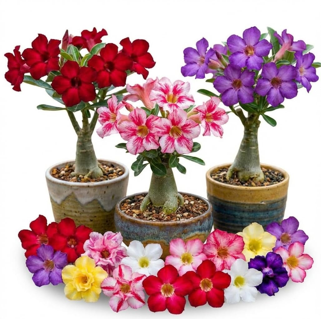 Pack 3 Mix Adenium Desert Rose Plants, Well Rooted Plants 4-7'' Tall, Tropical Flowering Succulent, Indoor Outdoor Planting