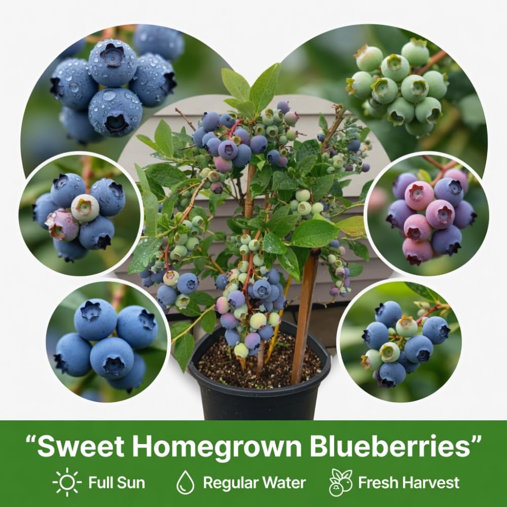 Blueberry Live Plant, 1 Gallon Pot 1-2 Ft Tall Mid Season Blueberry Bush, Hardy Berry Fruit Plant for Outdoor Garden and Fruit Growing, No Ship to CA