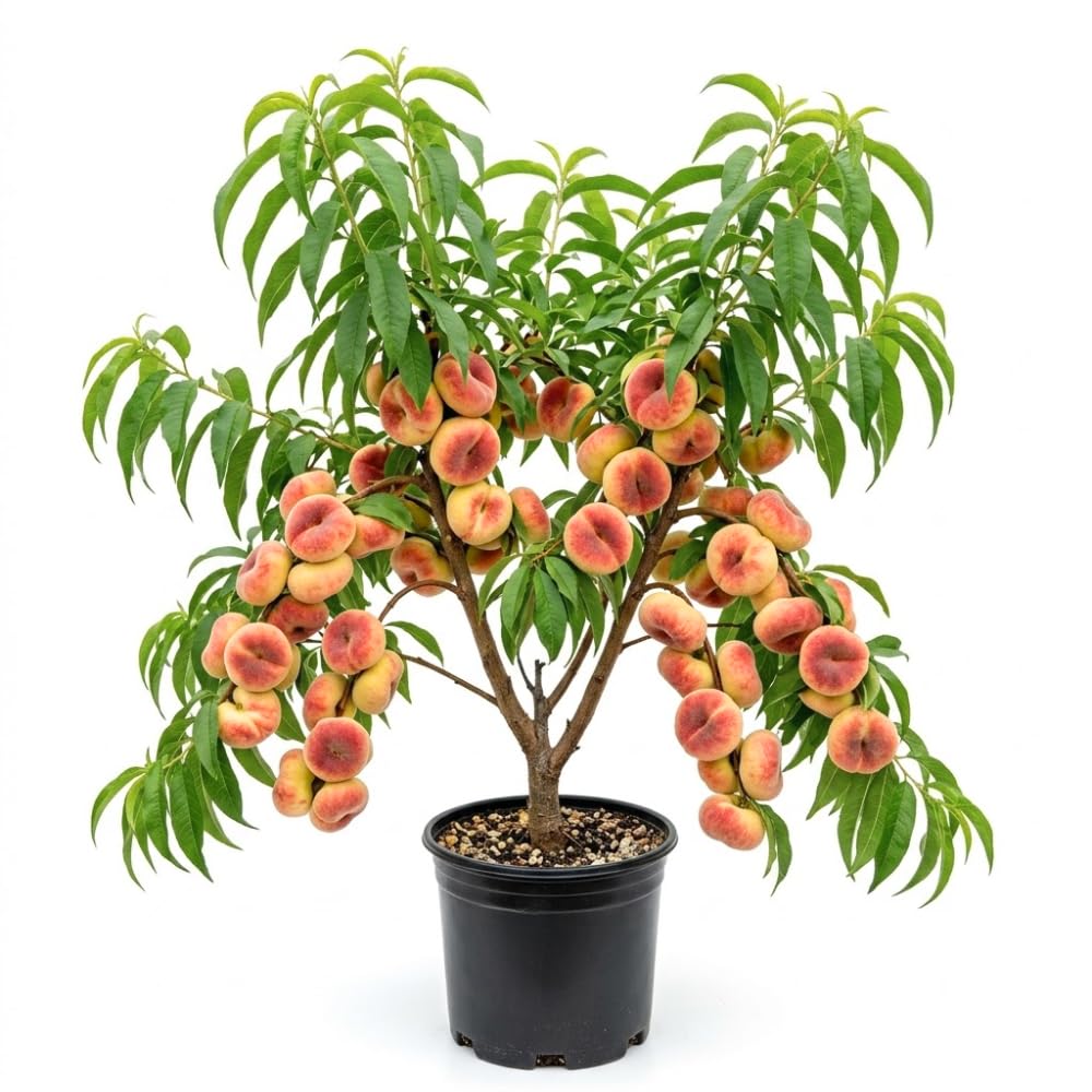 Ready to Bear Fruit Donut Peach Tree Live Plant, Thick Trunk Grafted Peach Plant 3 Gallon Pot, 3-4 Ft in Tall