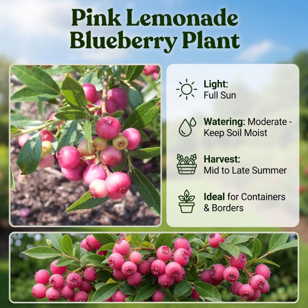 Pink Lemonade Blueberry Plant, 1-2 Ft Tall - Hardy Blueberry Fruit Bush for Outdoor Garden and Container Planting, No Ship to CA