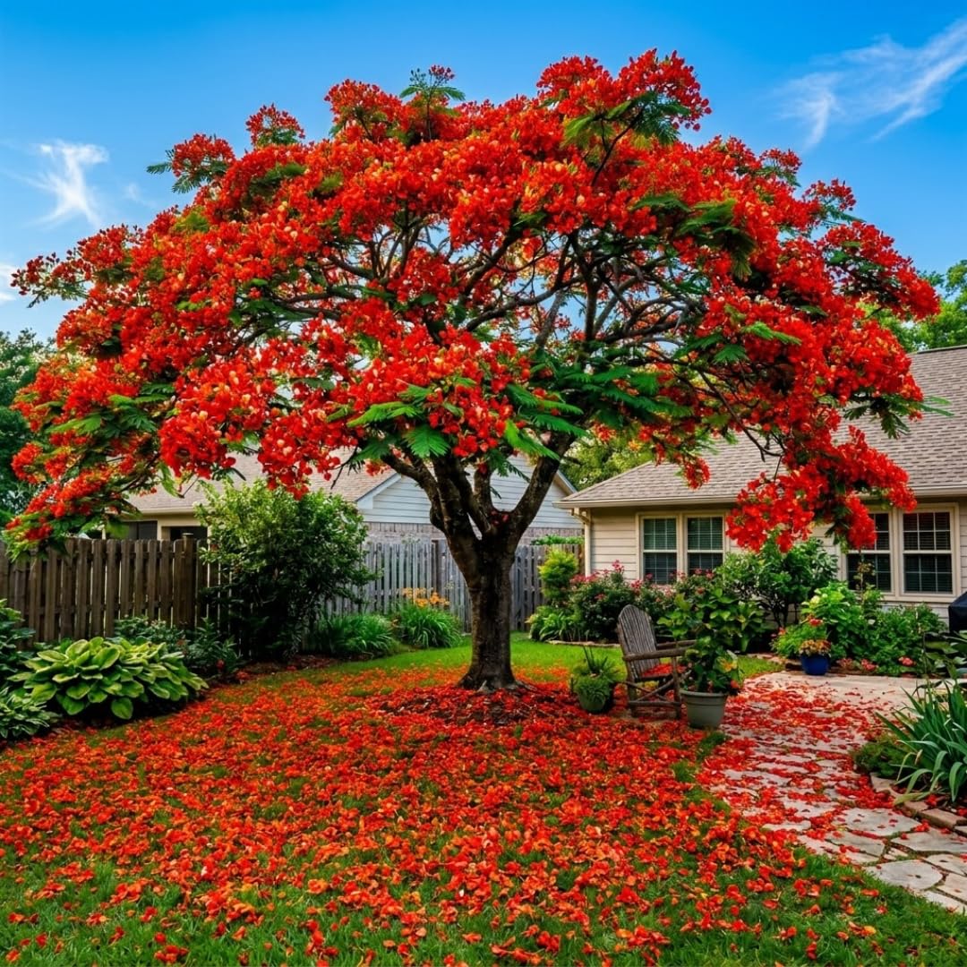 Flamboyant Tree Live Plant, Royal Poinciana Tree Live Plant in 1 Gallon Pot, 3 Feet Tall, Vibrant Red Blooms for Summer Planting, Flamboyant Trees for Landscape, Backyard Garden, No Ship to CA