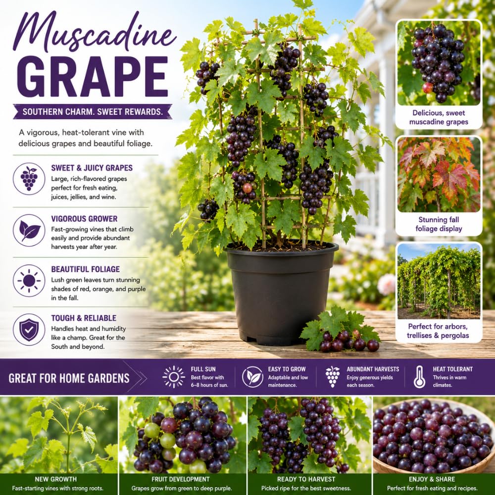 Muscadine Grape Live Plant, Grape Vine Plant 20-24 Inches Tall in 1 Gallon Pot, Fast Growing Vine, Sweet Purple Grapes for Growing, No Ship to CA