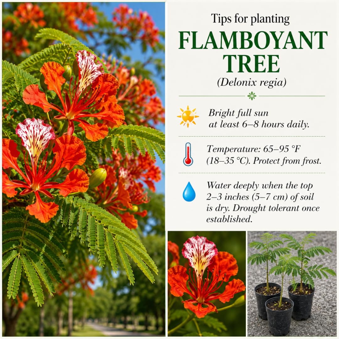 Live Royal Poinciana Tree Plant, Flamboyant Tree Live Plant, Tropical Flowering Flamboyant Tree, 2-3 Feet Tall in 1 Gallon Pot for Outdoor Landscapes, No Ship to CA