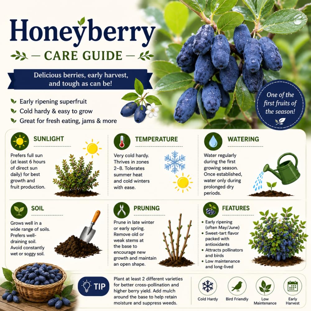 Deep Blue Honeyberry Plant Live, Haskap Berry Fruit Tree, 4-6 Inch Tall