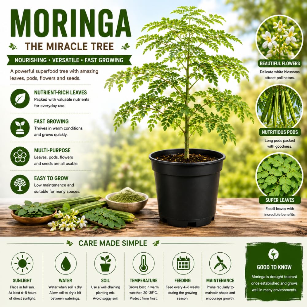 Moringa Tree Live Plant, Moringa Oleifera Tree 1-2' Tall in 1 Gallon Pot, Vibrant Green Foliage for Outdoor Garden, No Ship to CA