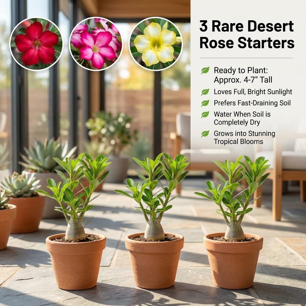 3 Mixed Desert Rose Plants Live, Live Adenium Obesum Succulents 4-6 Inches, Containers or Patio Growing