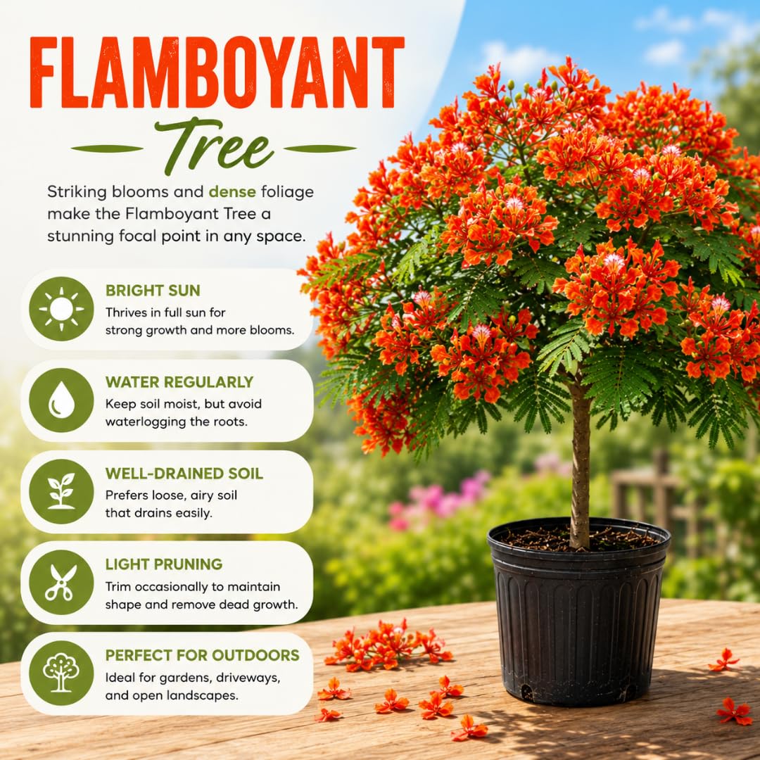 Royal Poinciana Tree Live Plant, Red Flamboyant Tree, 2 Feet Tall, Fast Growing Tropical Flowering Shade Trees for Landscape and Backyard Outdoor Garden, No to CA