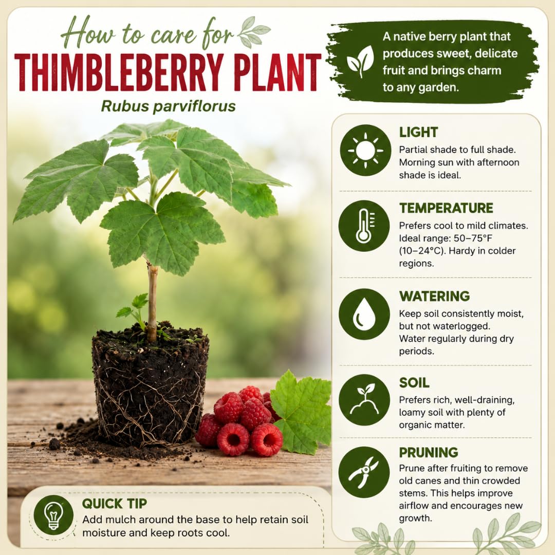 Live Thimbleberry Plant, 4 to 8 Inches Tall, Red Thimbleberry Plant, Sweet Red Berry Bush Starter Plant for Outdoor Garden Growing, No Pot