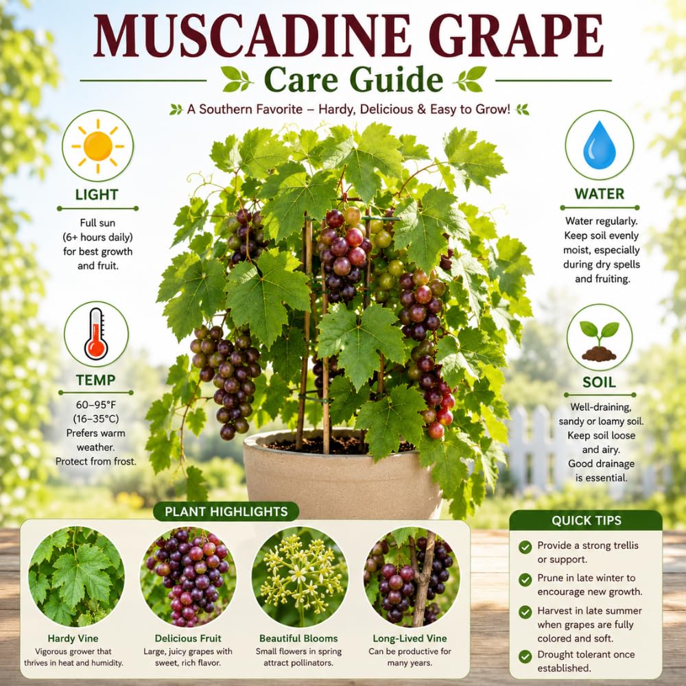 Live Muscadine Grape Tree Plant, 20-24" Tall in 1 Gallon Pot, Sweet Purple Grapes Fruit Tree, Hardy Fruit Vine for Outdoor Growing, No Ship to CA