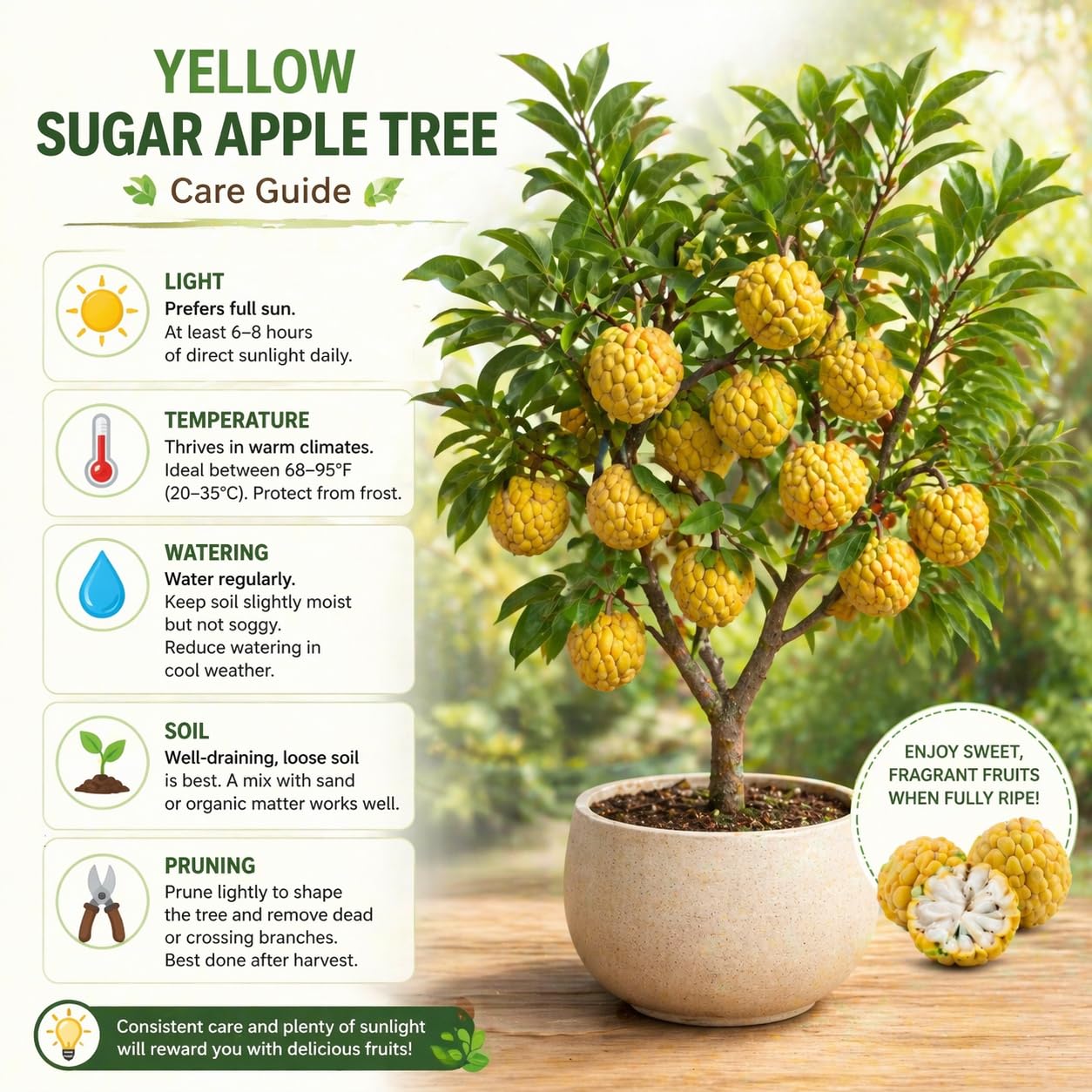 Sugar Apple Tree 2-3 Feet Tall in 3 Gallon Pot, Sweet Tropical Fruit Tree, Backyard and Container Planting, No CA (Yellow Sugar Apple)