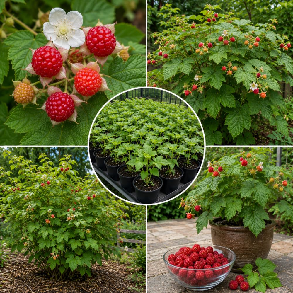Thimbleberry Raspberry Live Plant, Red Berry Fruit for Garden, 4-7" Tall