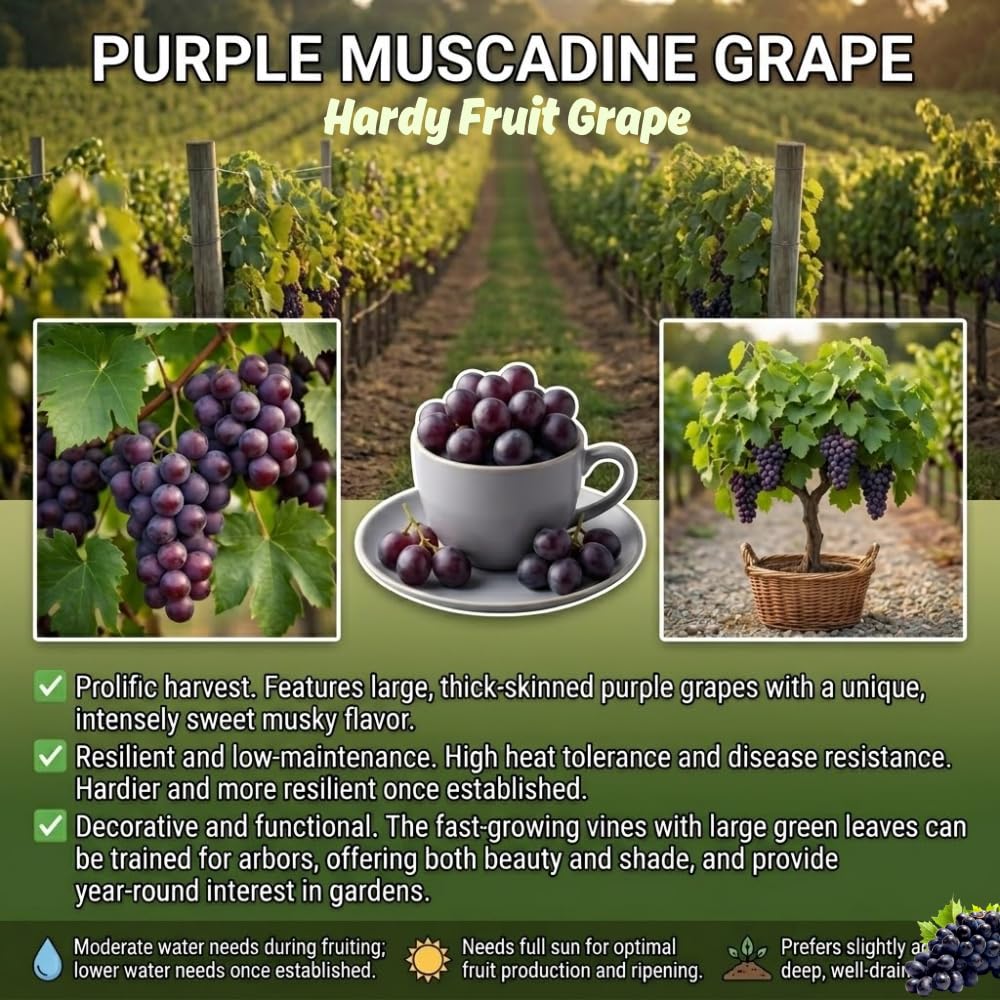 Muscadine Grape Vine Live Plants, 20–24 Inches Tall in 1 Gallon Pot, Purple Grape Plant for Outdor Planting, Hardy Fruit Vine, Cold Hardy, 1 Year Old, No Ship to CA