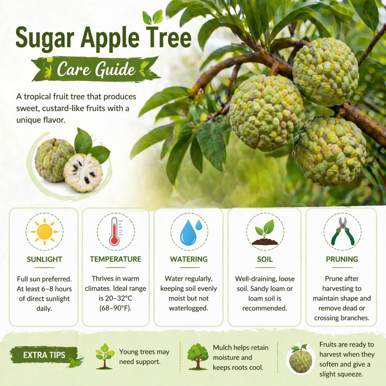 Sugar Apple Tree 2-3 Feet Tall in 3 Gallon Pot, Sweet Tropical Fruit Tree, Backyard and Container Planting, No CA (Green Sugar Apple)