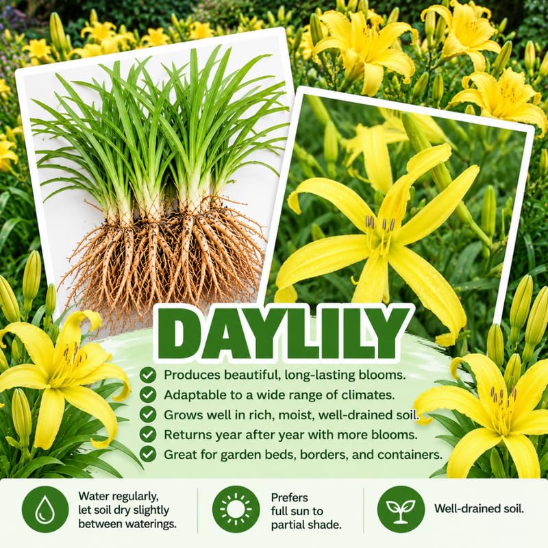 1 Daylily Plant Live Bare Root, Yellow Lily Flowers