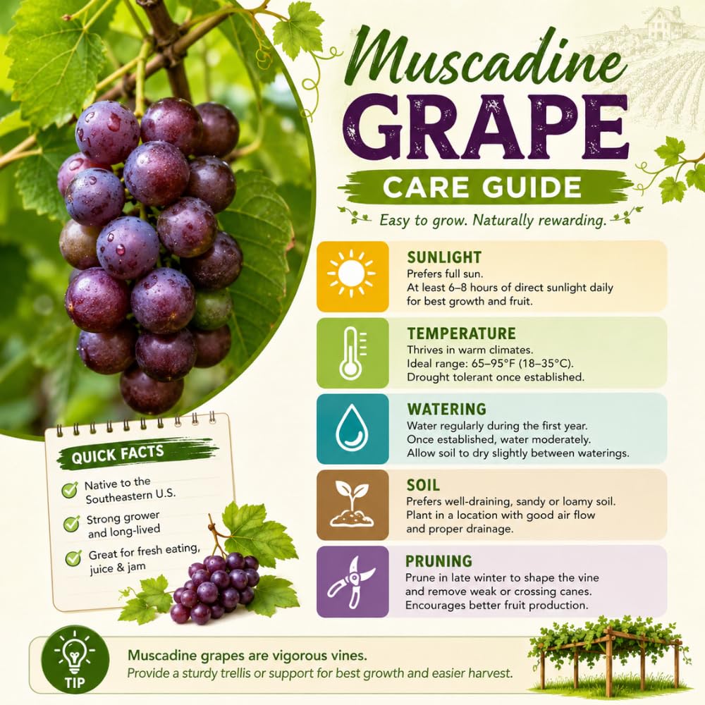 Sweet Muscadine Grape Vines Live Plants, Hardy Fruit Plant for Patio, Garden and Trellis Growing, 20-24 Inches Tall in 1 Gallon Pot, No Ship to CA