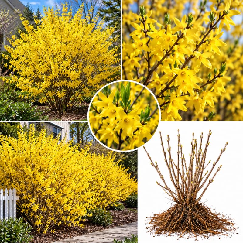 Forsythia Live Bare Root Shrub, Yellow Spring Flowering Plant, 12-24" Tall