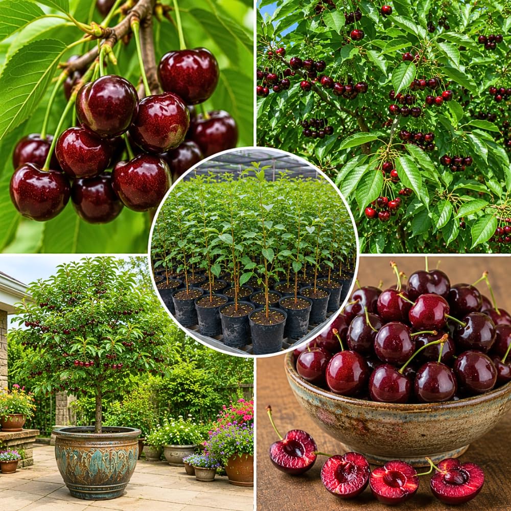 Cherry Live Tree Plant, 3-4 Feet Tall in 3 Gallon Pot, Cherry Trees Live Plants, Sweet Fruit Tree, Cold Hardy for Outdoor Gardening, No Ship to CA (Dark Red)