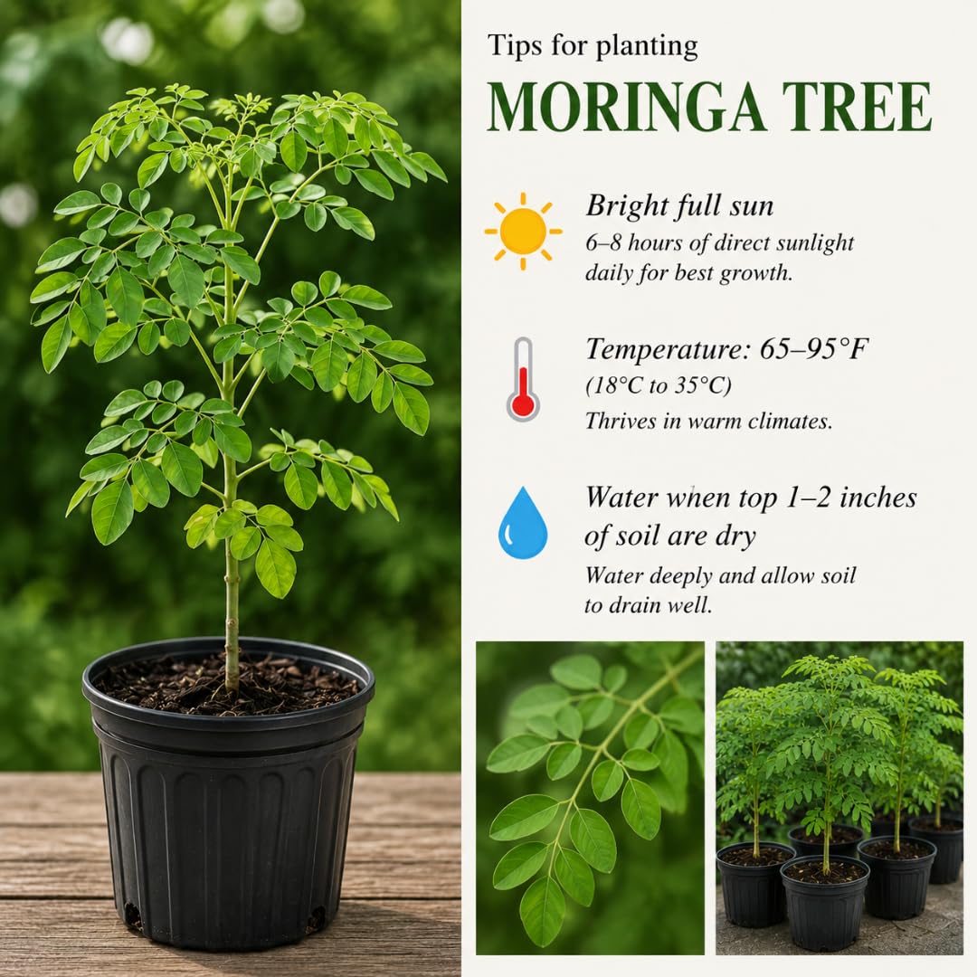 Moringa Tree Live Plant, 1 to 2 Feet Tall in 1 Gallon Pot, Fast Growing Moringa Oleifera Tree for Container or Backyard Garden Growing, No Ship to CA