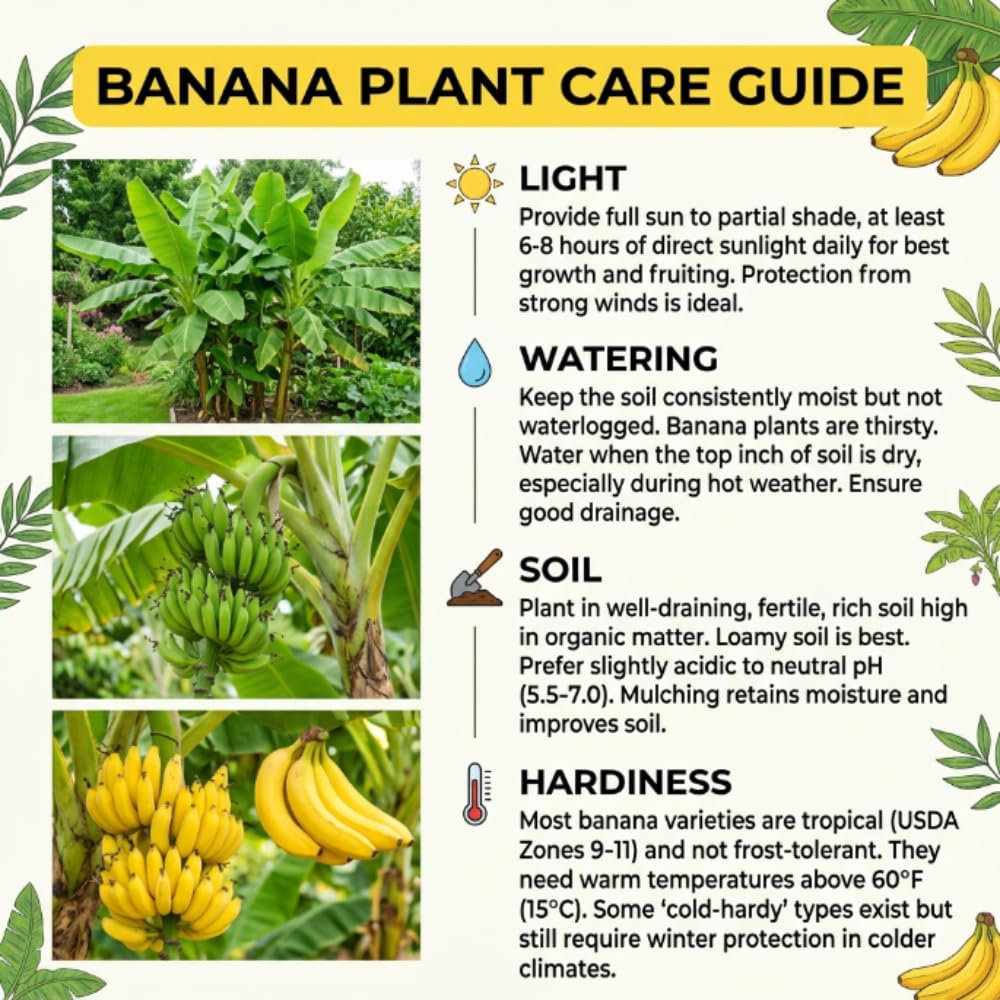Dwarf Cavendish Banana Tree Live Plant in 1 Gal Pot, Hardy Banana Live Plant, Live Banana Fruit Tree, 1-2 Year Old, Well-Rooted, No to CA