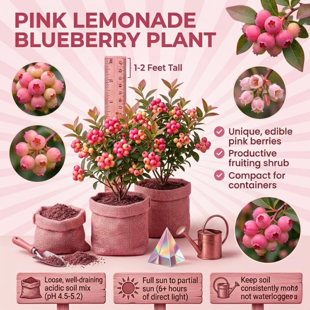 Pink Lemonade Blueberry Bush Live Plant, 1-2 Ft Tall, Hardy Blueberry Plant in 1 Gallon Pot, Well-Rooted Fruit Plant, No to CA