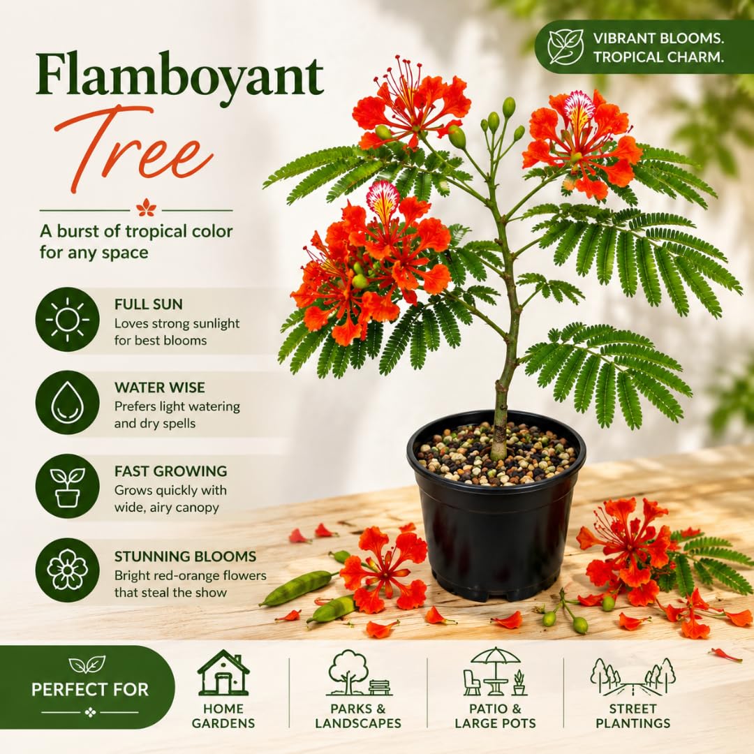 Tropical Red Flamboyant Tree Live Plant, Royal Poinciana Flowering Tree, 2-3 Feet Tall in 1 Gallon Pot for Backyard Landscapes, No Ship to CA
