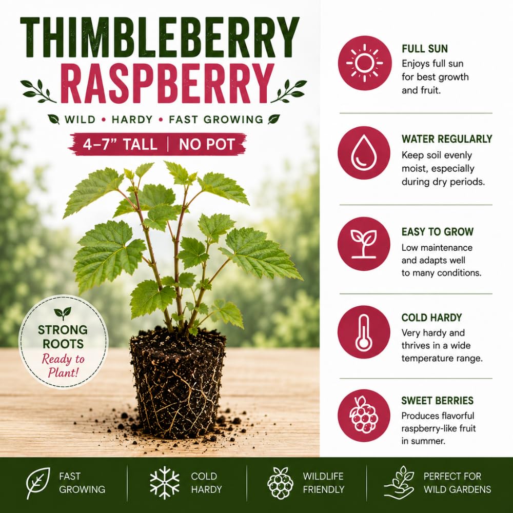 Thimbleberry Raspberry Live Plant, Red Berry Fruit for Garden, 4-7" Tall