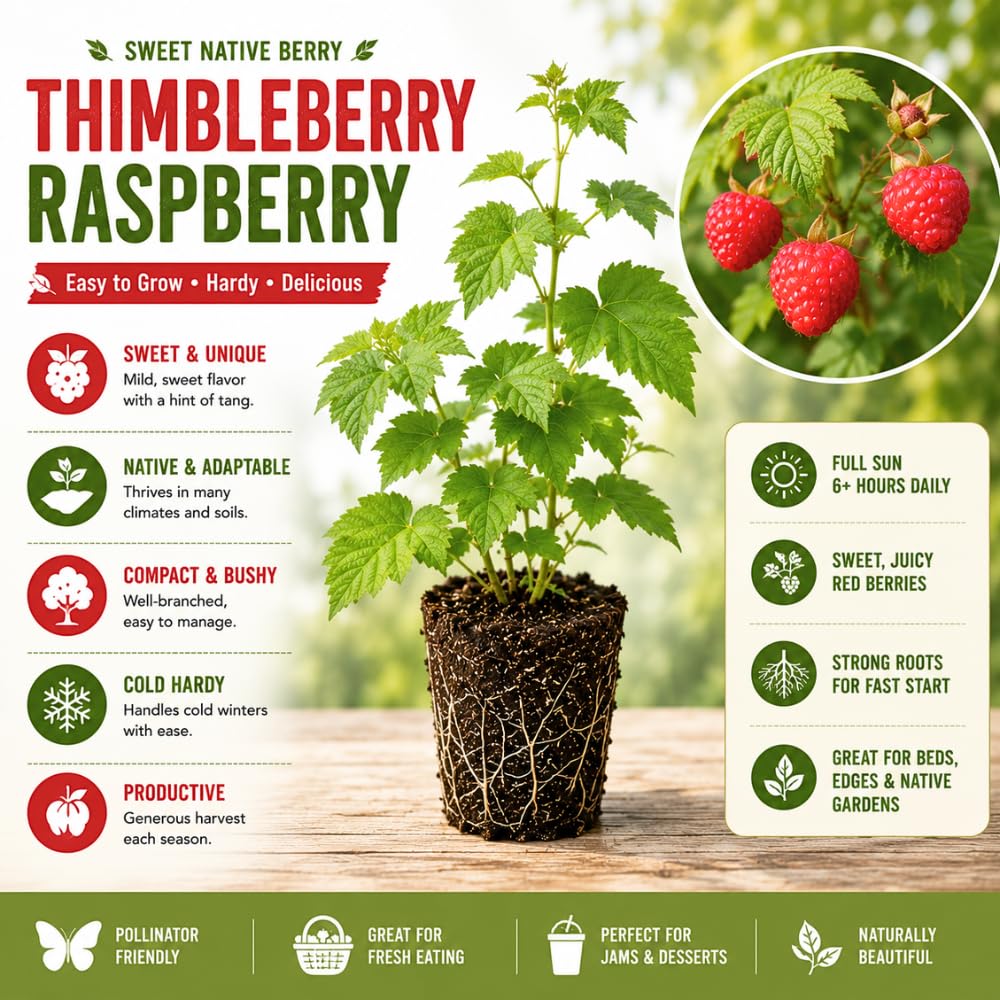 Red Thimbleberry Live Plant, Sweet Edible Berry Plant, 4-8 Inch Tall
