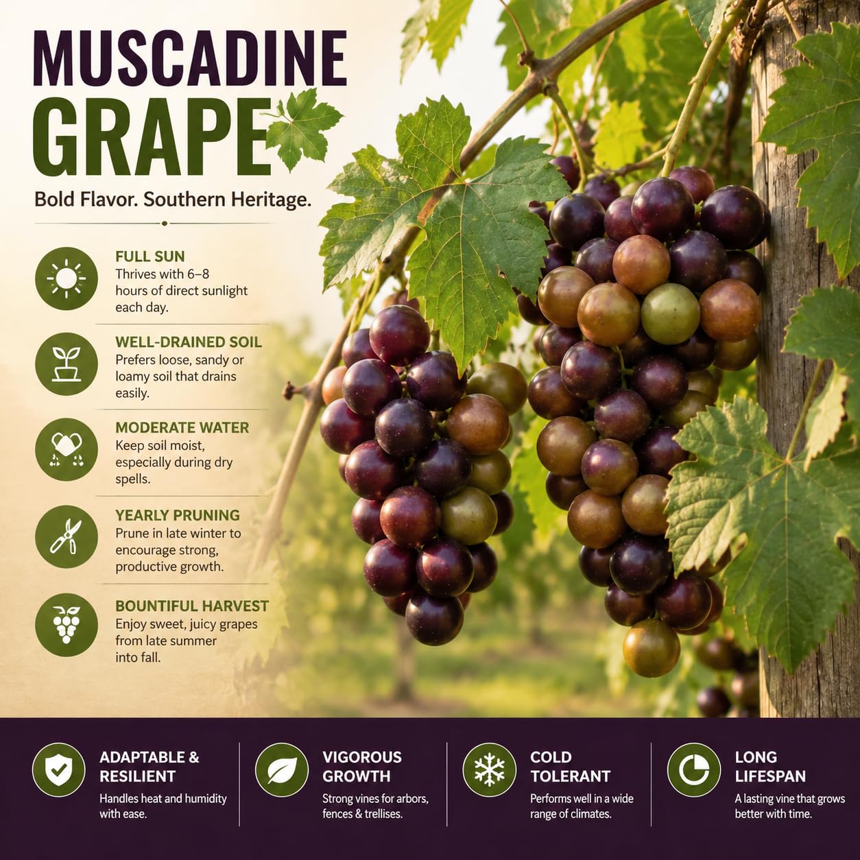 Muscadine Grape Plant in 1 Gal Pot, 20–24" Tall, Live Grape Fruiting Vine for Patio, Containers and Backyard, Hardy Outdoor Vine, No CA