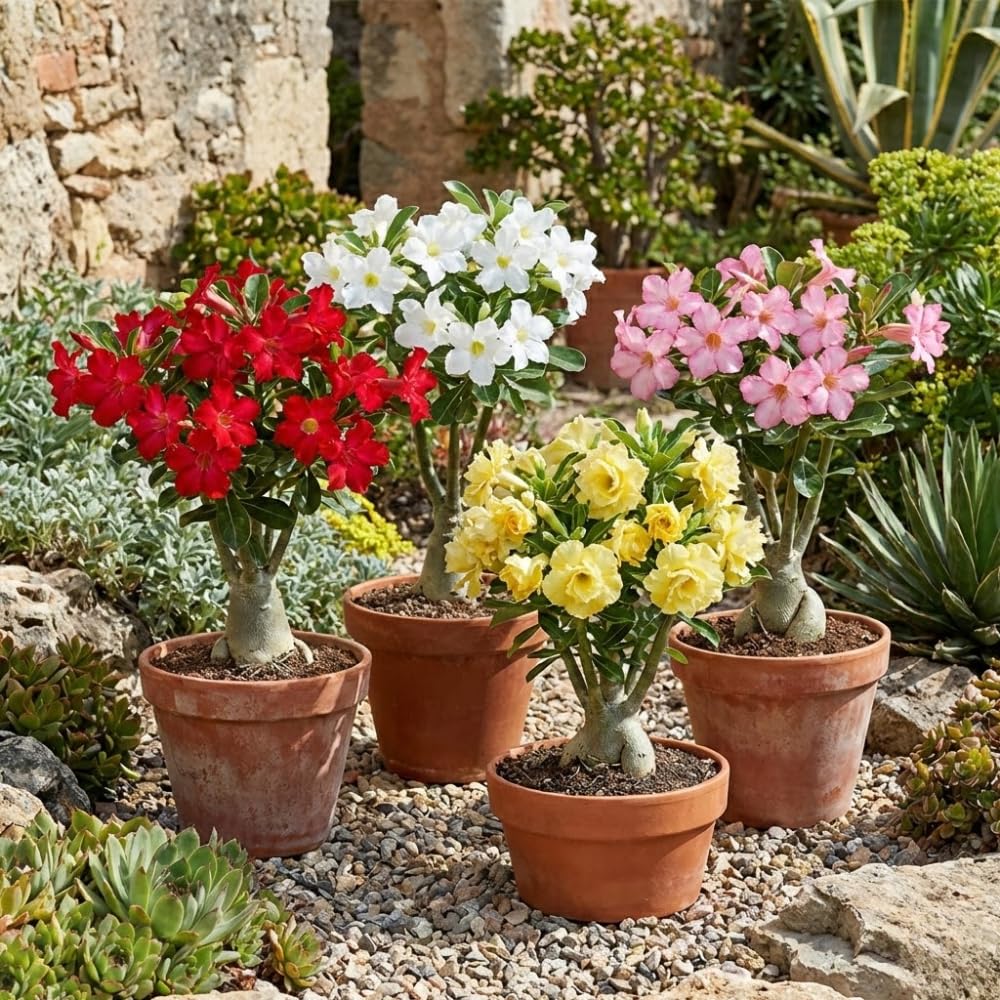 Pack 3 Mix Adenium Desert Rose Plants, Well Rooted Plants 4-7'' Tall, Tropical Flowering Succulent, Indoor Outdoor Planting