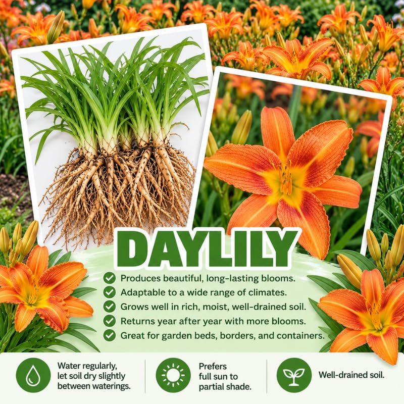 6 Orange Daylily Live Plants, Perennial Lily Flowers