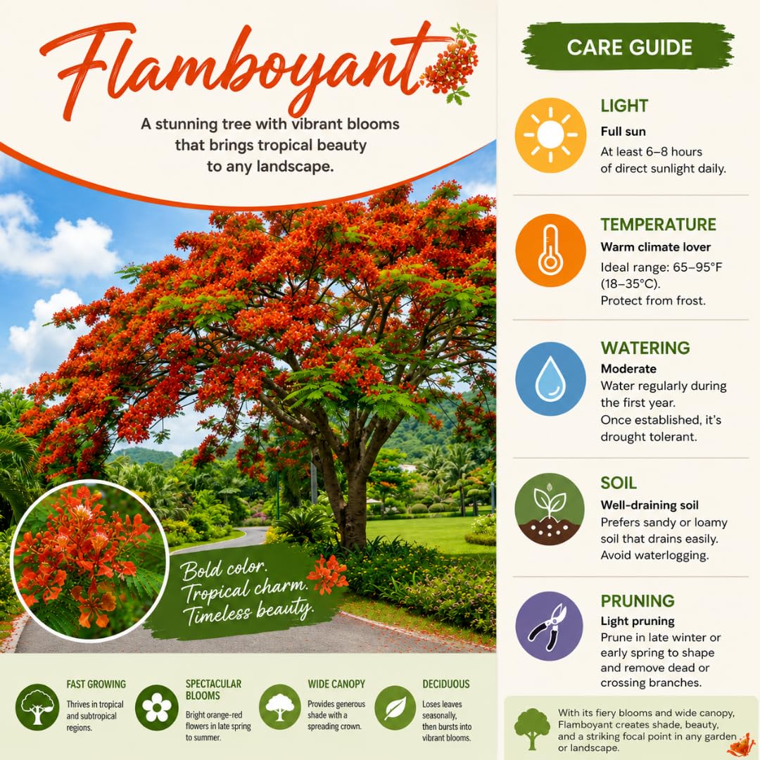 Flamboyant Tree Live Plant, Royal Poinciana Tree Live Plant in 1 Gallon Pot, 3 Feet Tall, Vibrant Red Blooms for Summer Planting, Flamboyant Trees for Landscape, Backyard Garden, No Ship to CA