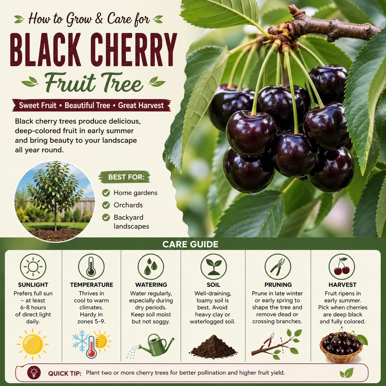 Black Cherry Tree, Live Cherry Fruit Tree Rooted 1.5-2 Feet Tall, Hardy, Dormant, Sweet Cherries for Outdoor Garden