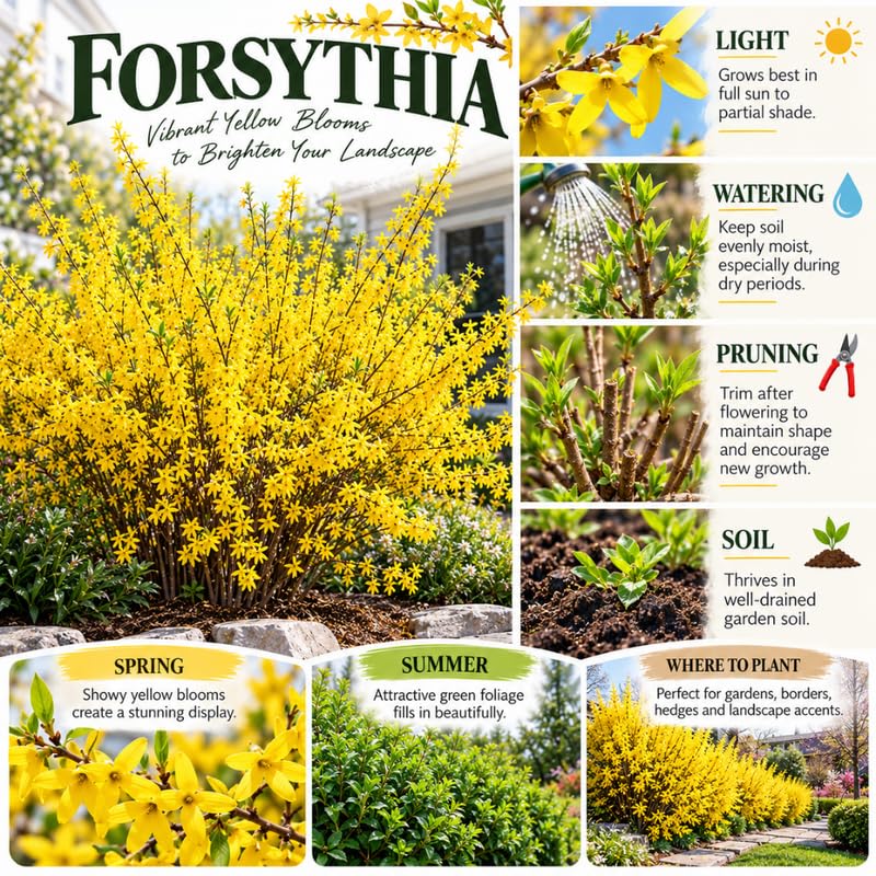 Forsythia Live Bare Root Shrub, Yellow Spring Flowering Plant, 12-24" Tall