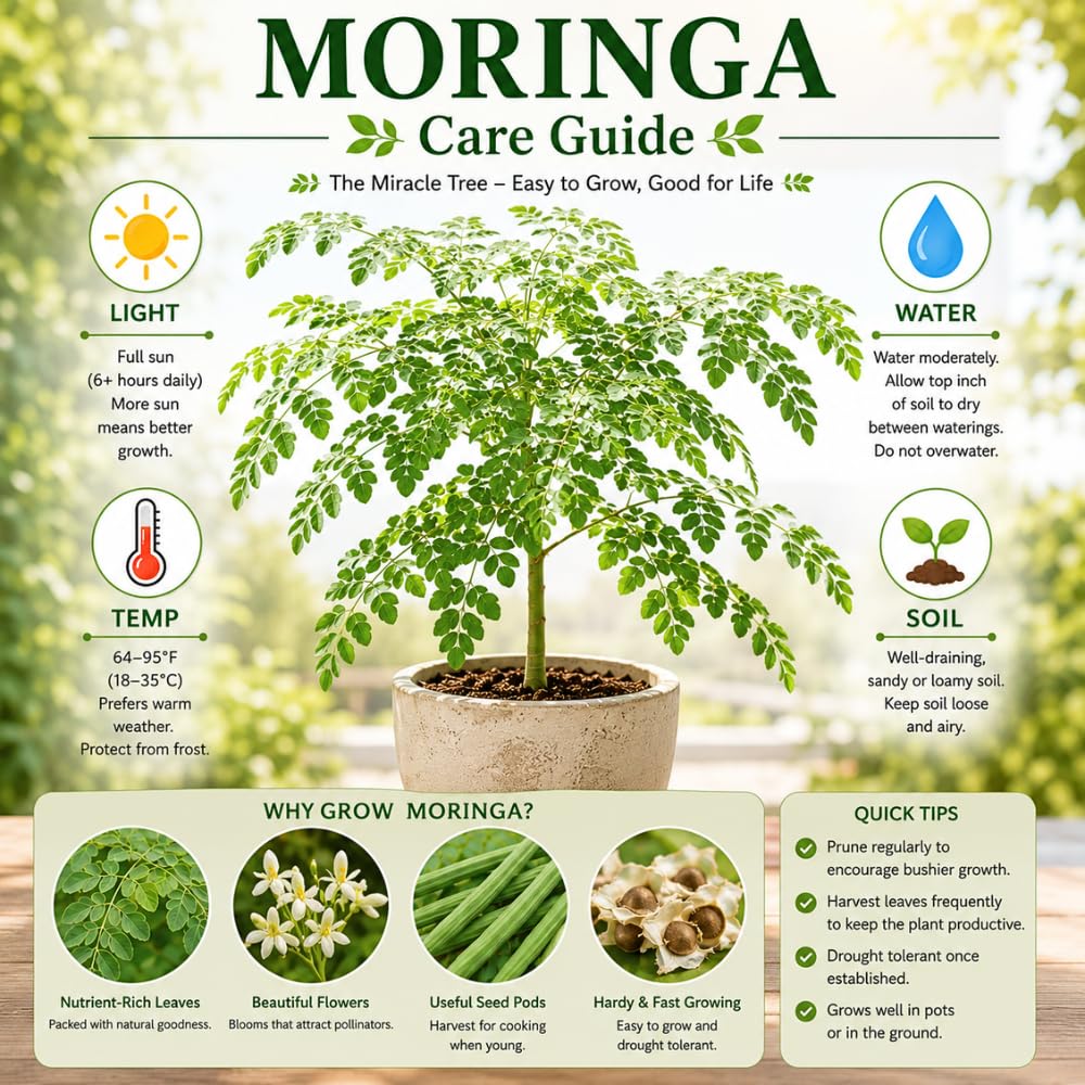 Live Moringa Tree Plant 1-2 Feet Tall, Moringa Oleifera Drumstick in 1 Gallon Pot, Easy Care Tropical Plant with Edible Green Leaves for Planting, No Ship to CA