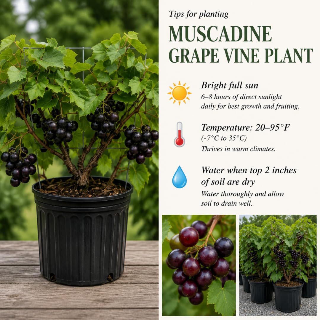 Hardy Sweet Muscadine Grape Vine Plant, Outdoor Climbing Fruit Vine in 1 Gallon Pot, Sweet Edible Fruit Vine for Trellis and Landscape Growing