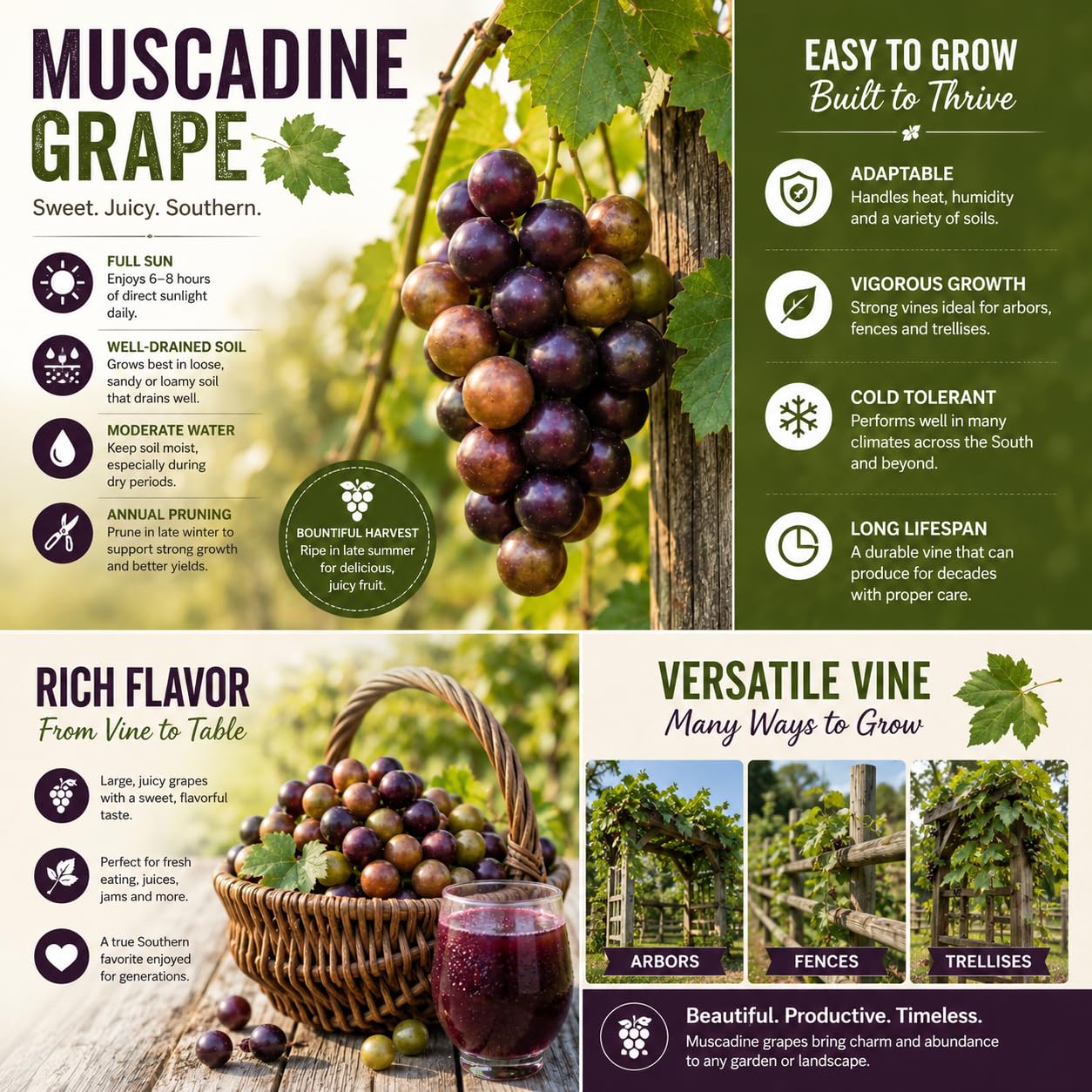 Purple Muscadine Grape Vine Live Plant, Sweet Grape for Trellis 20-24 Inches in Gallon Pot, Hardy Live Fruit Vine for Patio, Container and Backyard Gardens